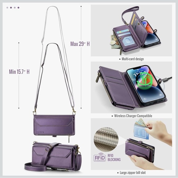 Premium iPhone 14 Purple Crossbody Wallet Phone Case with Strap - Picture 5 of 13